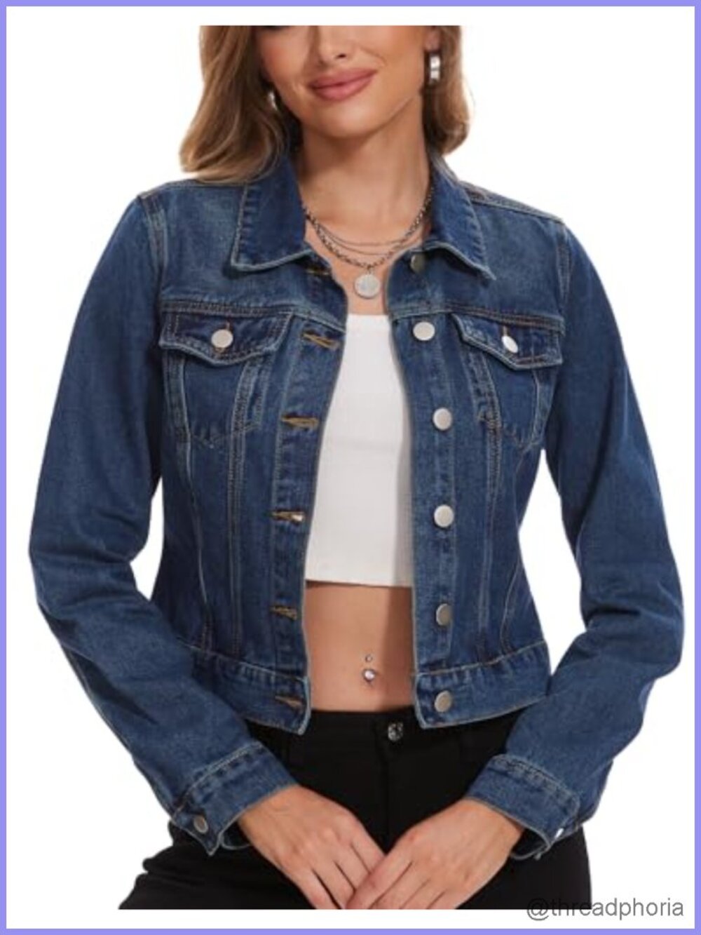 Cropped Denim Jacket Long Sleeve Basic Button Down 100% Cotton